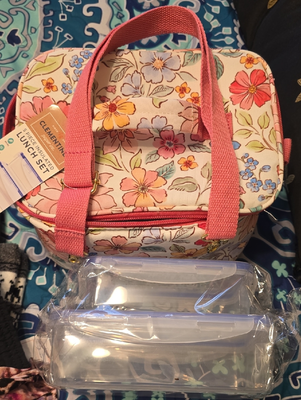 Floral Insulated Lunch Bag with Pink Handles